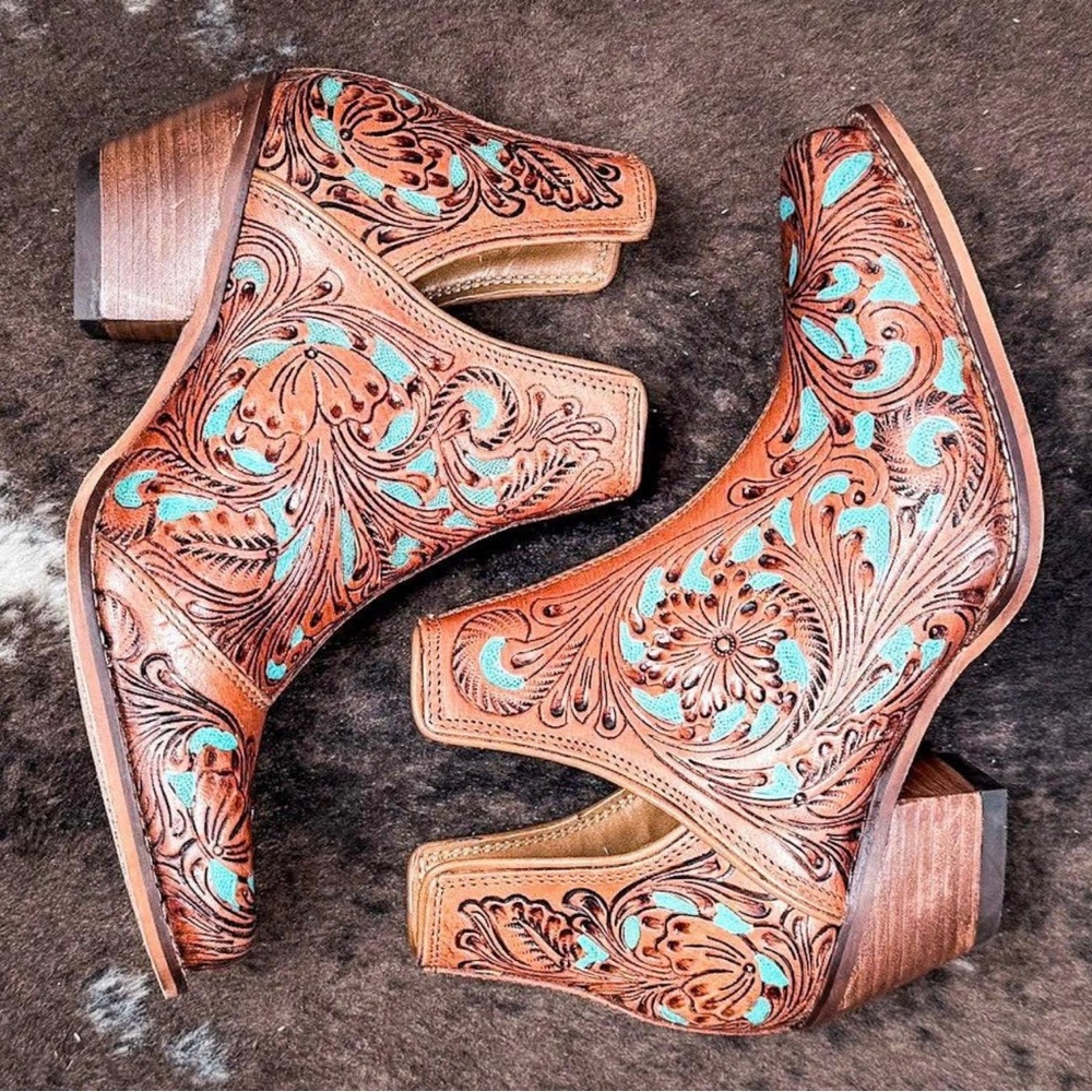 Myra Bag Brown & Turquoise Tooled Leather Ankle Booties